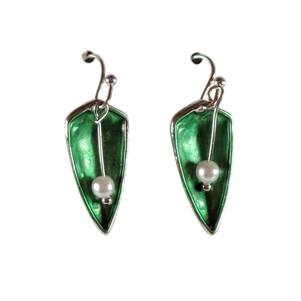 Green Enamel Faux Pearl Dangle Earrings Silver Tone Fish Hook New 1" long Leaf